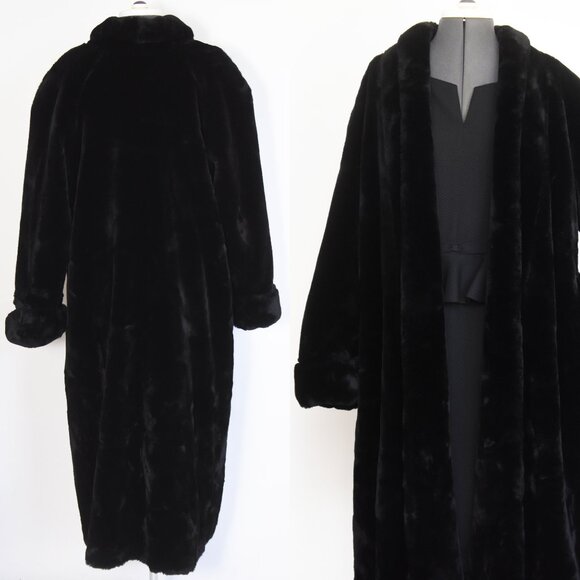 Black Long Plush Faux Fur Coat London Fog Winter Outerwear Coat Full Length 10 - Picture 2 of 9